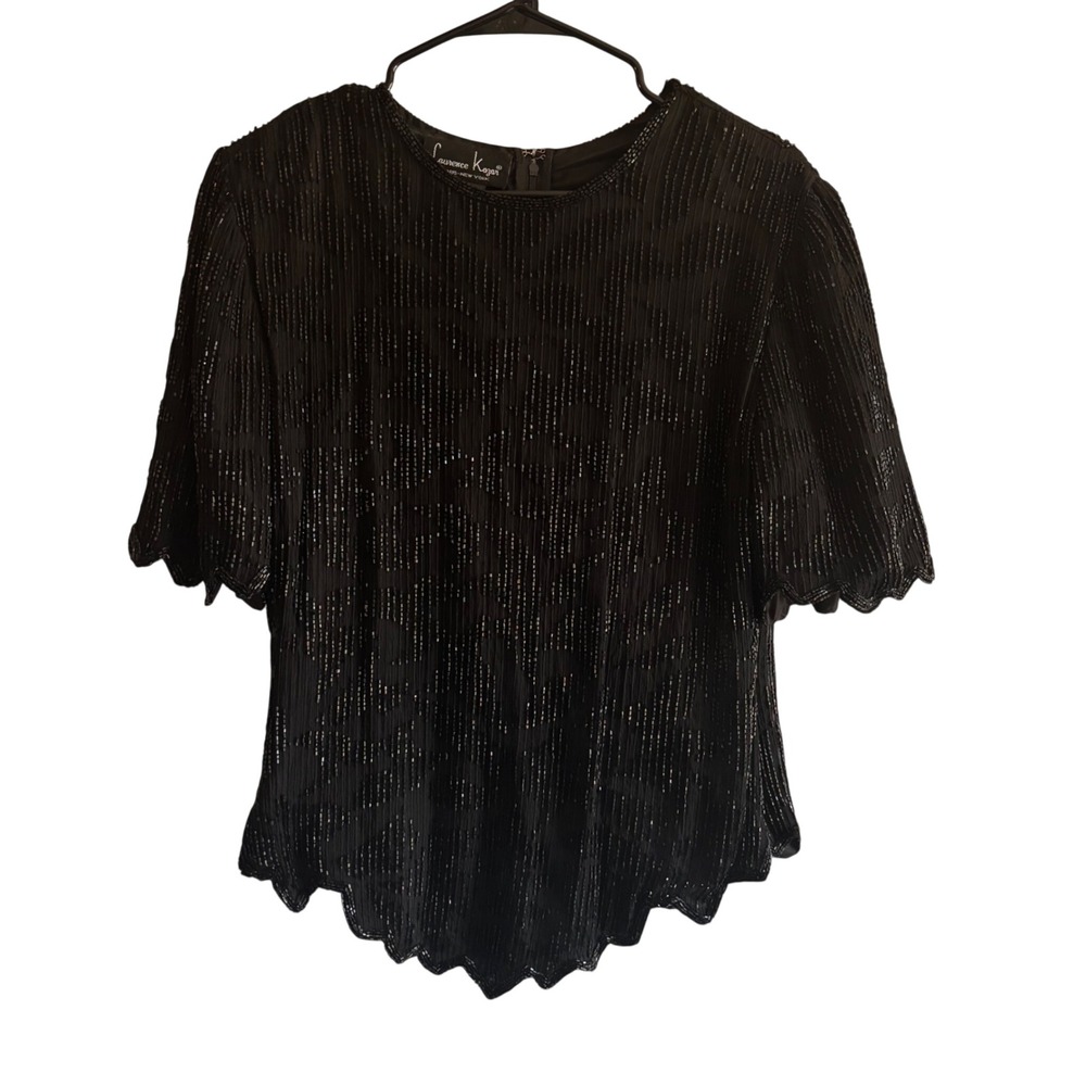 VTG 90s Laurence Kazar Silk Beaded Top Black Cocktail Party Evening Blouse Sz M